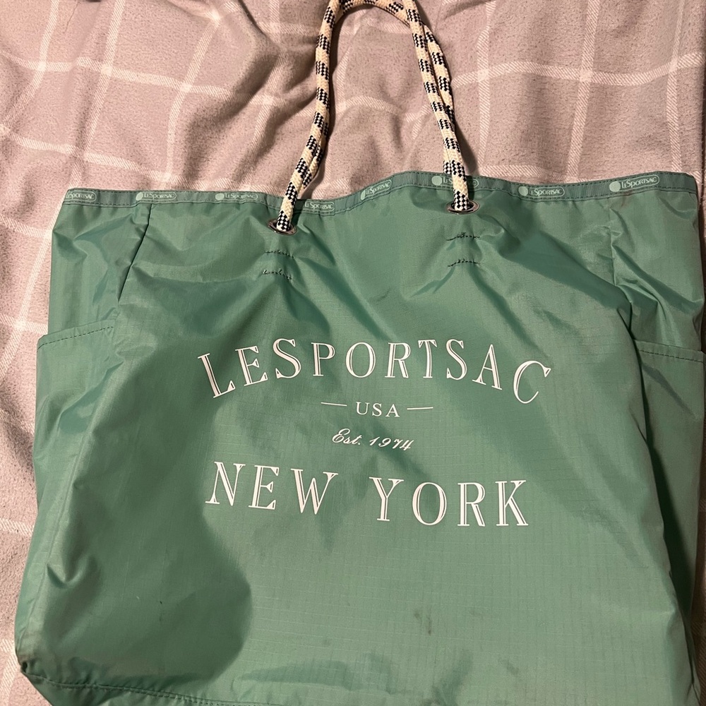 LeSportsac Teal Tote Bag with Patterned Handles Large size